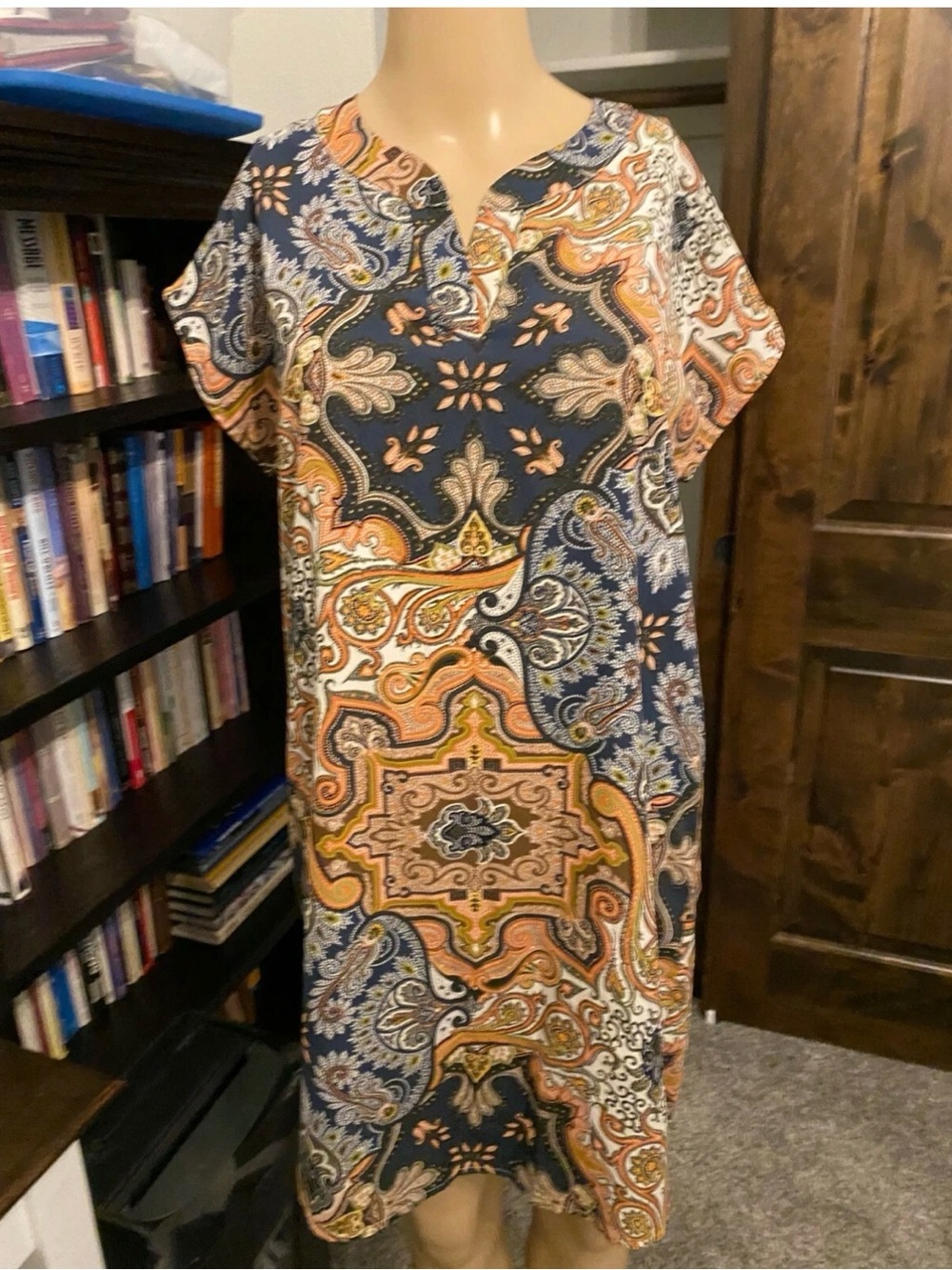 Freeway Navy, Orange & Cream Paisley Short Sleeve Dress Size Small
